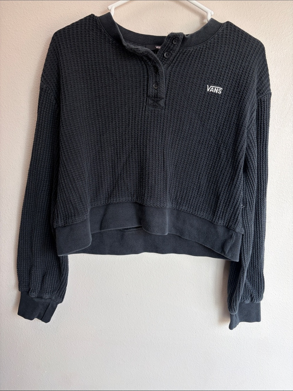 Vans Women's Black Waffle Henley Cropped Pullover
